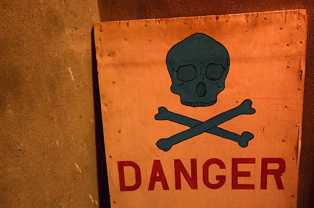 istock Danger sign in red under black skull 491470936