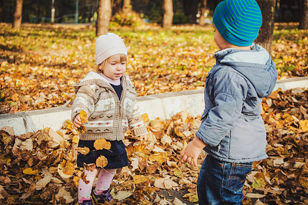 istock Brother and sister playing with autumn leaves 491483538