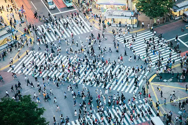 Shibuya crossing, pedestrians crossing the road, aerial view. Spring, early evening, horizontal composition. Full frame. 