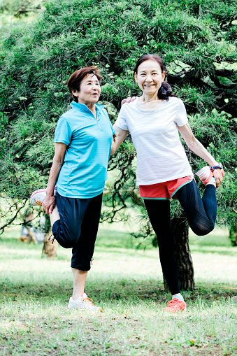 Two senior woman stretching their leg muscles, quadriceps, having jogged through a wooded area in Yoyogi Park, Tokyo, Japan. Daylight, two people clothed in athletic wear, smiling and looking at the camera, vertical composition. 