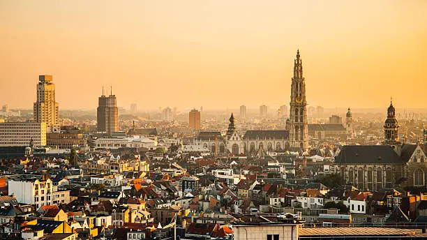 Antwerp, Belgium, at sunset, with its main highrises and the cathedral.