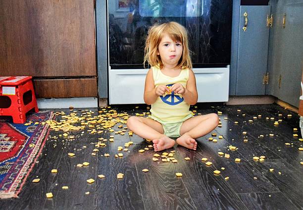 What!? I got my own snack Toddler spills a snack all over the floor, but seems content to eat it anyways mischief stock pictures, royalty-free photos & images