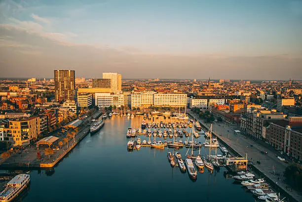 A sunset view of the harbor of Antwerp in Belgium.