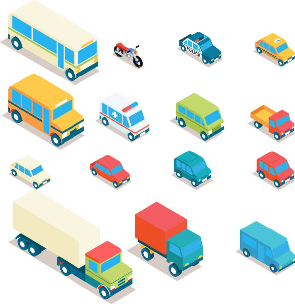 isometric miasta, transportu i ciężarowych wektorowe ikony. samochody, minibusem, autobus - isometric car vector land vehicle stock illustrations