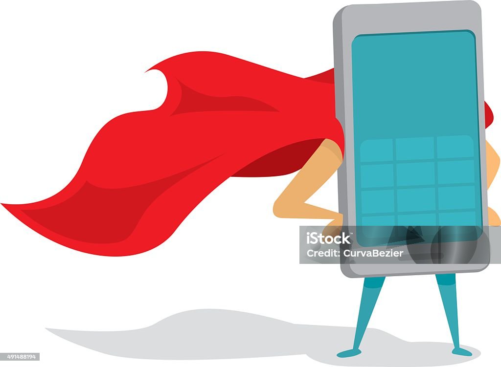 Mobile phone super hero with cape Cartoon illustration of mobile phone or super cellphone hero with cape Superhero stock vector