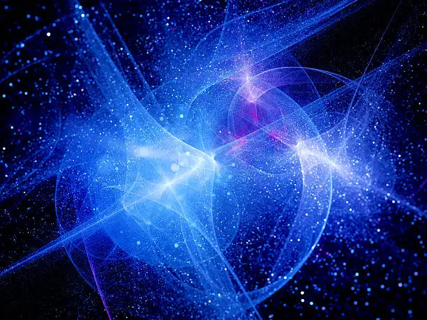 Blue glowing curves with particles in space, depth of field, computer generated abstract background