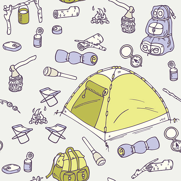 kempingowe bezszwowe wzór z linii rysowanych ręcznie - camping campfire boy scout girl scout stock illustrations