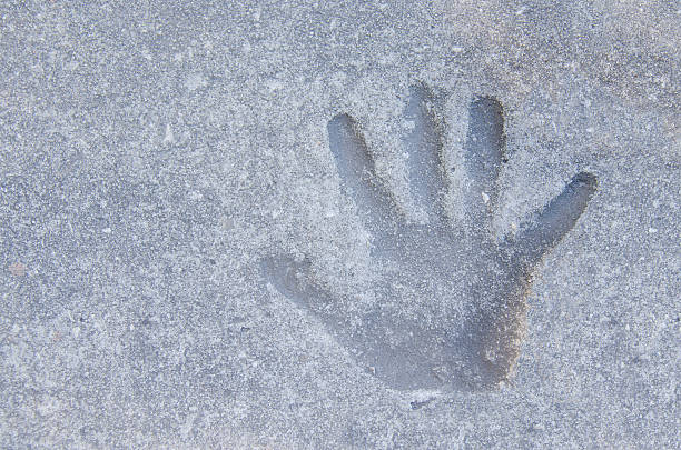 Closeup of a child's hand print in a concrete mud stock photo