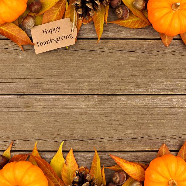 istock Happy Thanksgiving gift tag with autumn double border over wood 491499786