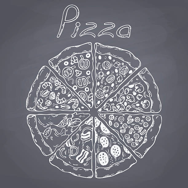 ilustraciones, imágenes clip art, dibujos animados e iconos de stock de conjunto de diferentes porciones de pizza en vector. tiza ilustración de estilo - shrimp cocktail