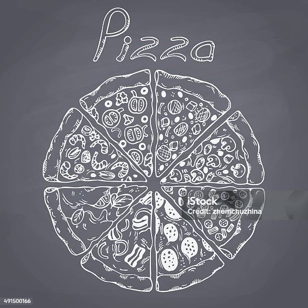 別のピザのスライスをベクトルしますチョークスタイルイラストレーション - ピザのベクターアート素材や画像を多数ご用意 - ピザ, 一切れ, チョーク画