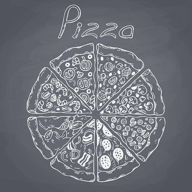 Set of different pizza slices in vector. Chalk style illustration Set of different slices of pizza in vector. Sketched food. Chalk painted illustration. Chalkboard background snag tree stock illustrations