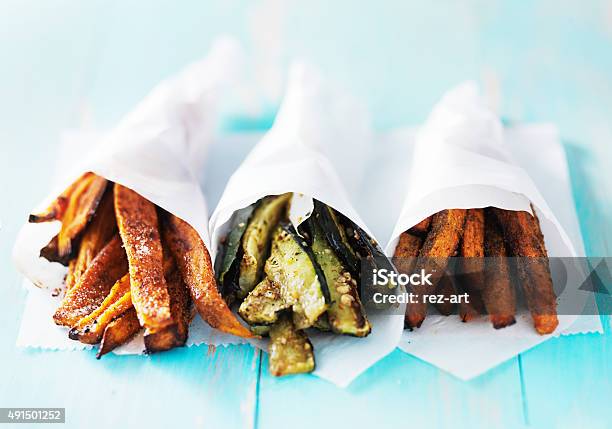 Trio Of Carrot Zucchini And Sweet Potato Fries Stockfoto en meer beelden van Patat - Patat, Groente, Courgette