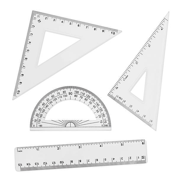 geometria ferramentas-governantes e transferidor (trilha - ruler triangle work tool drawing - fotografias e filmes do acervo
