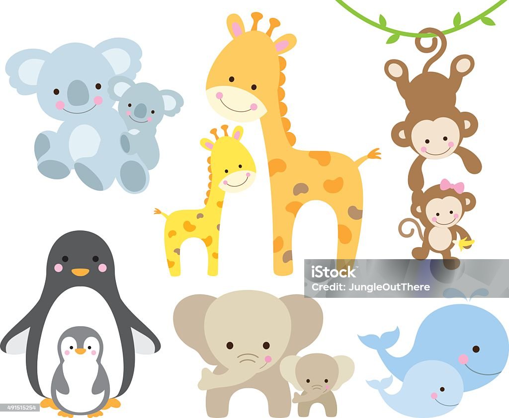 Animal and Baby Set Vector illustration of animal and baby including koalas, penguins, giraffes, monkeys, elephants, whales. Young Animal stock vector