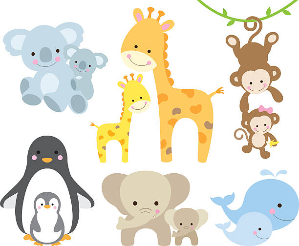 Animal and Baby Set Vector illustration of animal and baby including koalas, penguins, giraffes, monkeys, elephants, whales. young animal stock illustrations