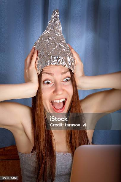 Tinfoil Hat Against Mass Media Stock Photo - Download Image Now - Adult, Alien, Bad News