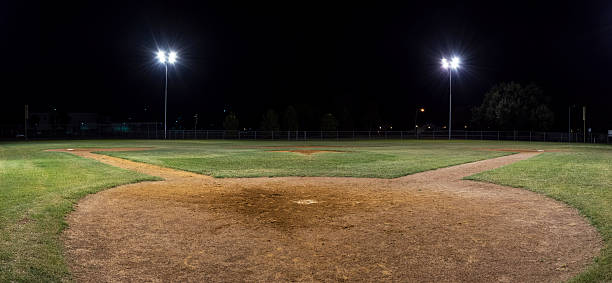 istock Panorama of empty baseball field at night 491517724