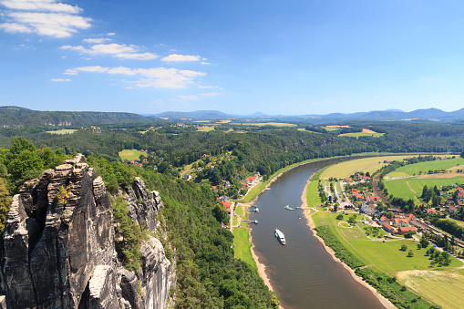 Panorama view from rocks Bastei to river Elbe and Rathen, Saxon Switzerland