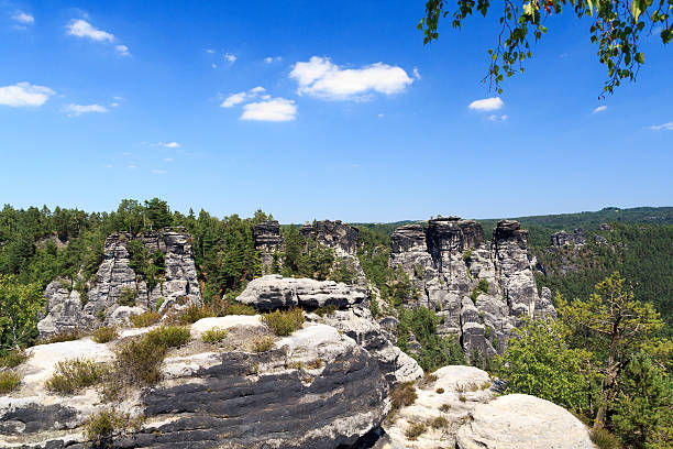 istock Panorama with typical rock pinnacles at Bastei, Saxon Switzerland 491519034