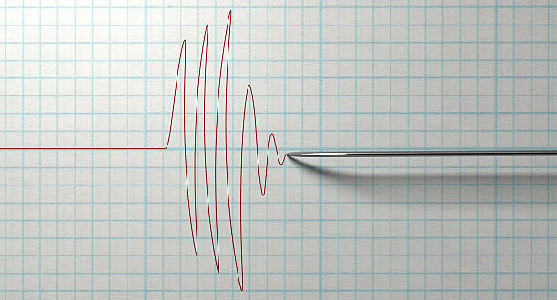 Polygraph Needle And Drawing A closeup of a polygraph lie detector test needledrawing a red line on graph paper on an isolated white background earthquake photos stock pictures, royalty-free photos & images