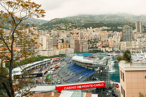 Monte Carlo, Monaco - April 18, 2014: Bleachers and other structures being set up next to the harbor in Monte Carlo in preparation for the Monaco Grand Prix 2014.