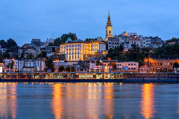 Belgrade Panorama of Belgrade at night with river Sava serbia stock pictures, royalty-free photos & images