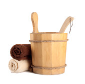 Wooden bucket with ladle for the sauna and stack