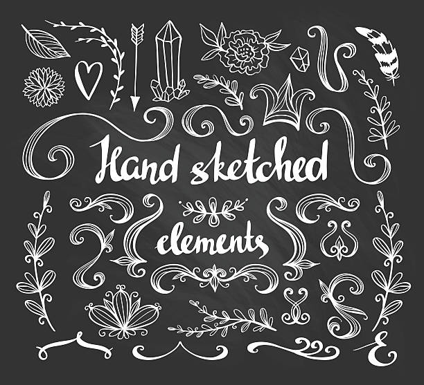 ilustrações, clipart, desenhos animados e ícones de conjunto de flores, arrow, penas e elementos decorativos. - frame sketching human hand doodle