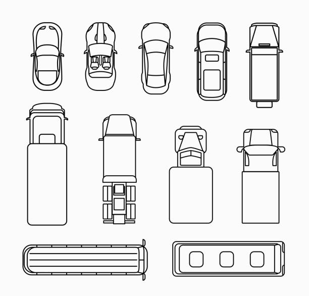 Cars thin line icons top view Set of cars thin line icons top view. Transportation and traffic, transport and automobile flat design. Vector illustration ford truck black stock illustrations