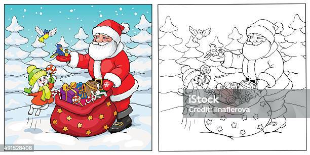 Coloring Book Santa Claus Rabbit And Birds With Gifts Stock Illustration - Download Image Now