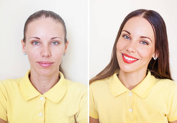 vergleich von fotos vor und nach dem make-up und frisieren - lipstick russian ethnicity fashion model fashion stock-fotos und bilder