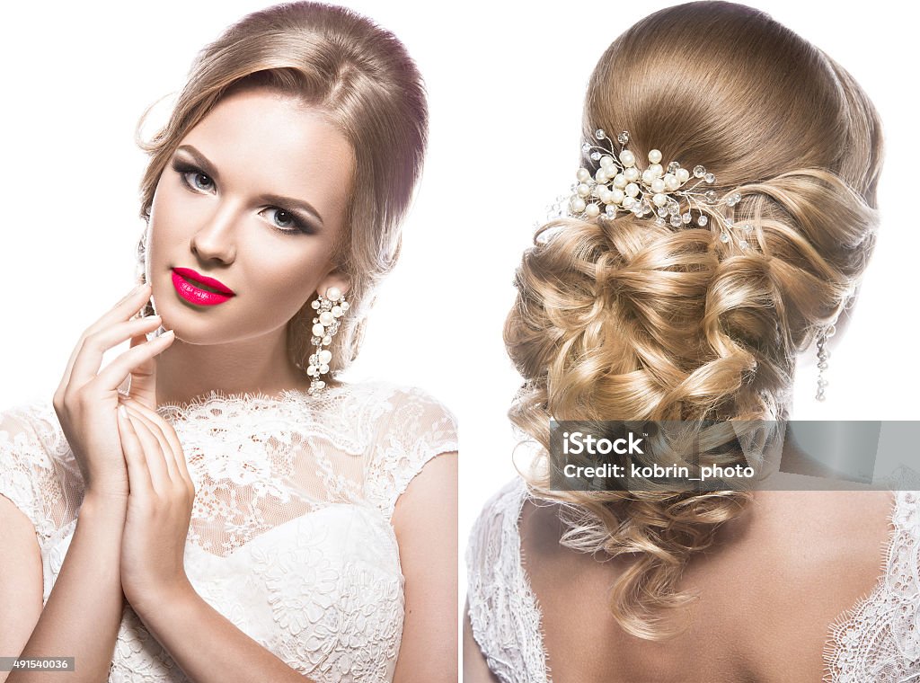 Beautiful blond woman in image of the bride with wedding Beautiful blond woman in image of the bride with flowers. Beauty face and Hairstyle. Picture taken in the studio Bride Stock Photo