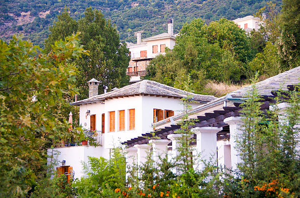 Traditional architecture on Pelion mountain , Greece View from some traditional houses of Portaria  village on Pilion mountain in central Greece pilio greece stock pictures, royalty-free photos & images