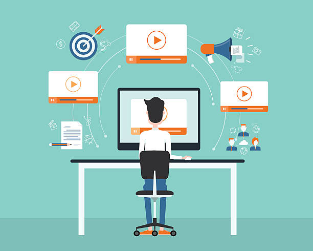 ilustrações, clipart, desenhos animados e ícones de vídeo de negócio de marketing conceito de conteúdo on-line. - network manager