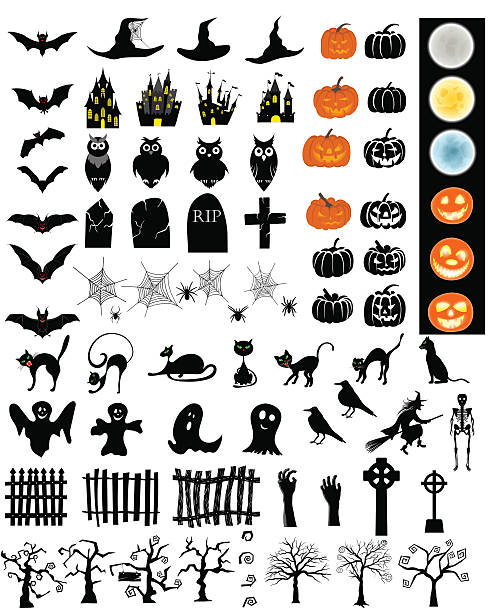 Halloween Elements  Set Halloween Holiday Elements Set. Collection With Bat, Ghost, Grave, Tree, Moon, Pumpkin, Witch, Skeleton and Cat Over White Background for Creating Halloween Designs.  Vector illustration. planetary moon illustrations stock illustrations