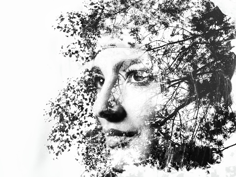 Double exposure image in monochrome of tree branches superimposed on a woman's face