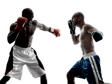 two men boxers boxing on isolated silhouette white background