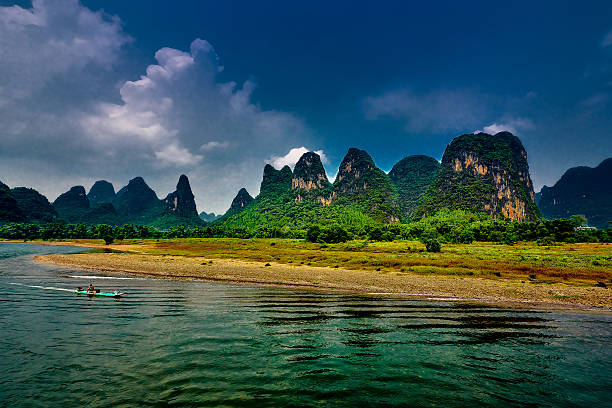 Awe-inspiring aerial  view of Li River in Yangshuo County, Guilin at sunrise