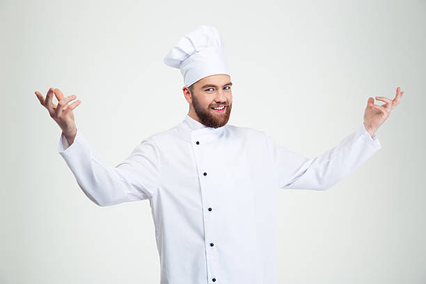 istock Happy chef cook showing welcome gesture 491578704