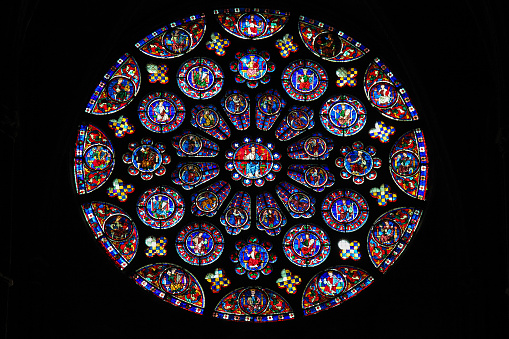 South transept Rose Window (12th Century) in the Cathedral of Our Lady of Chartres, France.