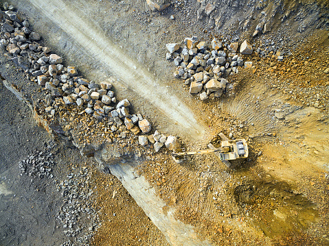 Aerial view of a excavator in the mine.  Industrial background from landscape after mining.