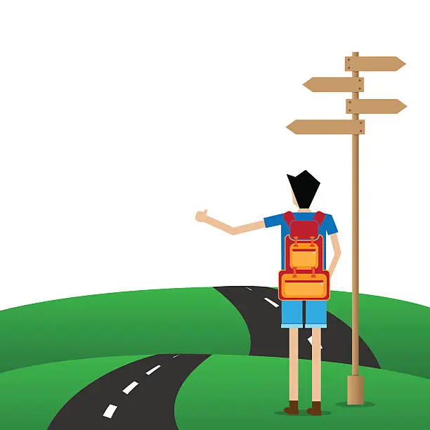 Vector illustration of backpacker hitchhiking on the empty road near guidepost