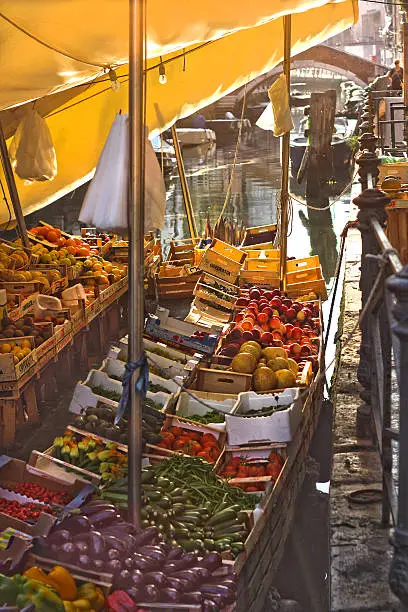 Venice, Italy October 2015. Fruit Stand in Venice, in Venice on of the common ways to sell fruits and vegetables is on the boat. 