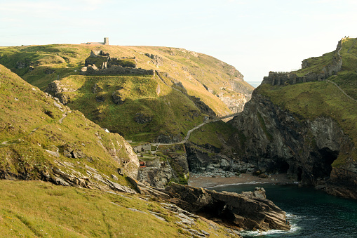 The ruins of Tintagel Castle in Cornwall believed to be the home and castle of King Arthur Tintagel Castle, King`s Arthur castle ruins. Landscape from Tintagel Castle in Cornwall.