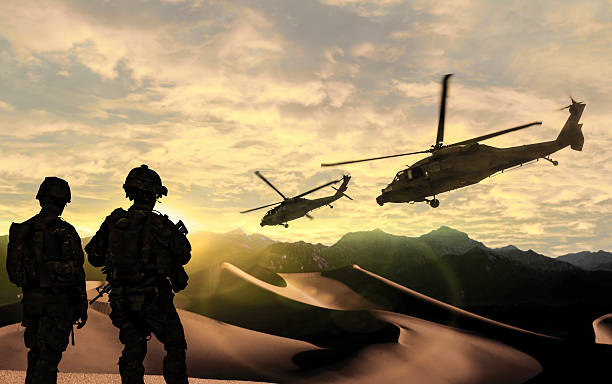 istock Soldiers wait for a Helicopter in Dust Storm 491603460