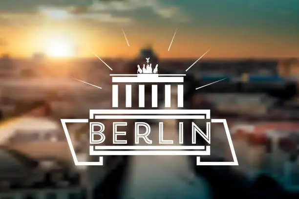 Vector illustration of line Berlin symbol on blurred sunset panorama backrground