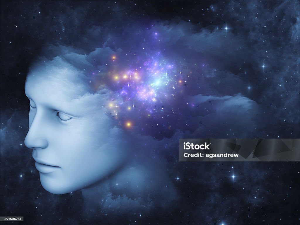 Mind Energy Universal Mind series. Backdrop of  human head and fractal clouds to complement your design on the subject of mind, dreams, thinking, consciousness and imagination Alertness Stock Photo