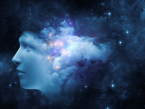 Universal Mind series. Background composition of  human head and fractal clouds to complement your layouts on the subject of mind, dreams, thinking, consciousness and imagination