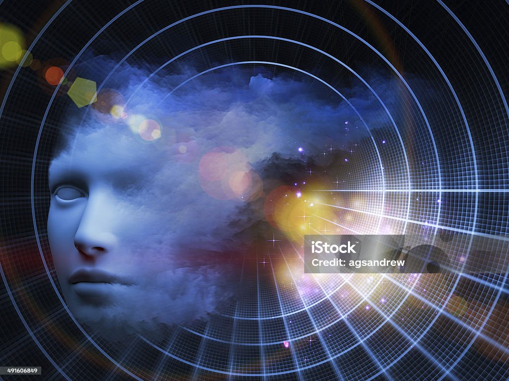 Mind Burst Grid Mind series. Background composition of  human head and fractal colors to complement your layouts on the subject of mind, dreams, thinking, consciousness and imagination Spirituality Stock Photo